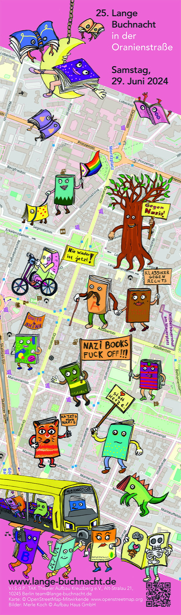 gezeichnete Buchwesen tummeln sich auf einer Karte entlang der Oranienstraße