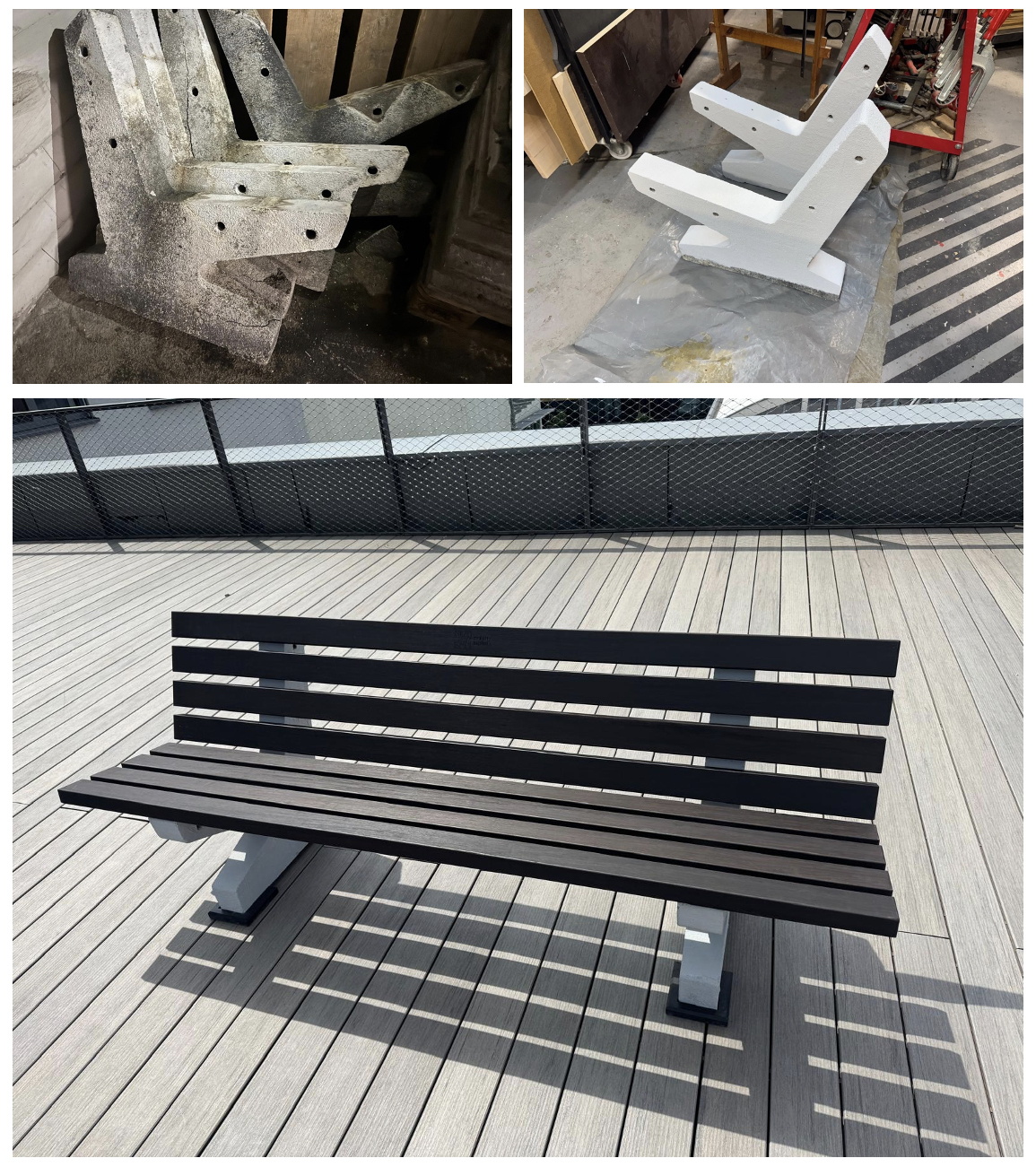 Collage aus drei Bildern, die die alten und die aufgearbeiteten Betonfüße und die neue Holzbank zeigen