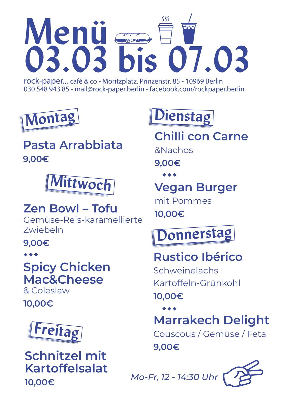 weißes Blatt mit blauer Schrift, Übersicht über die Mittagsgerichte im Café Rock-Paper-Scissors