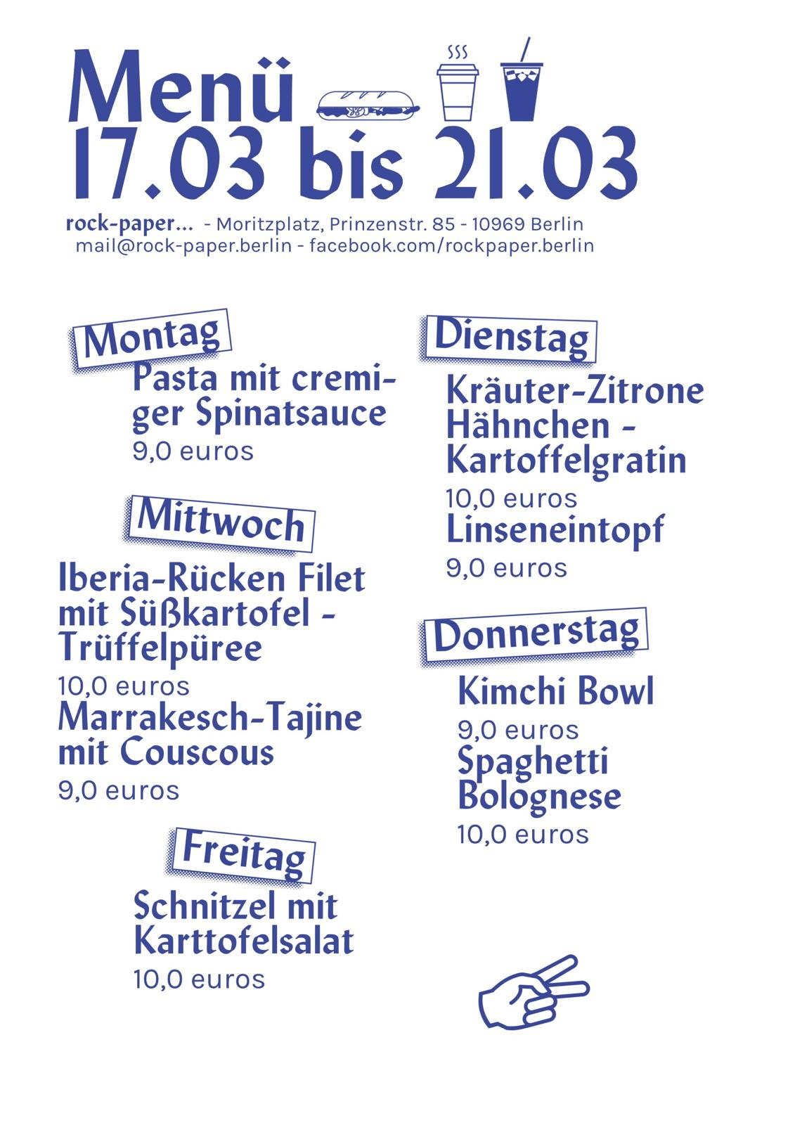 Speisekarte, weißer Untergrund mit blauer Schrift