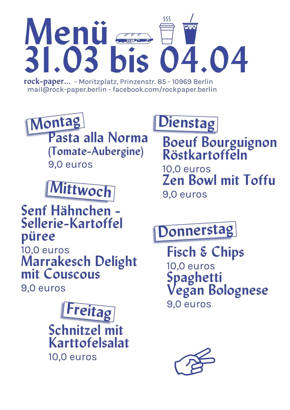 Speisekarte blaue Schrift auf weißem Grund, Gerichte sind den Wochentagen zugeordnet, locker verteilt auf der Seite