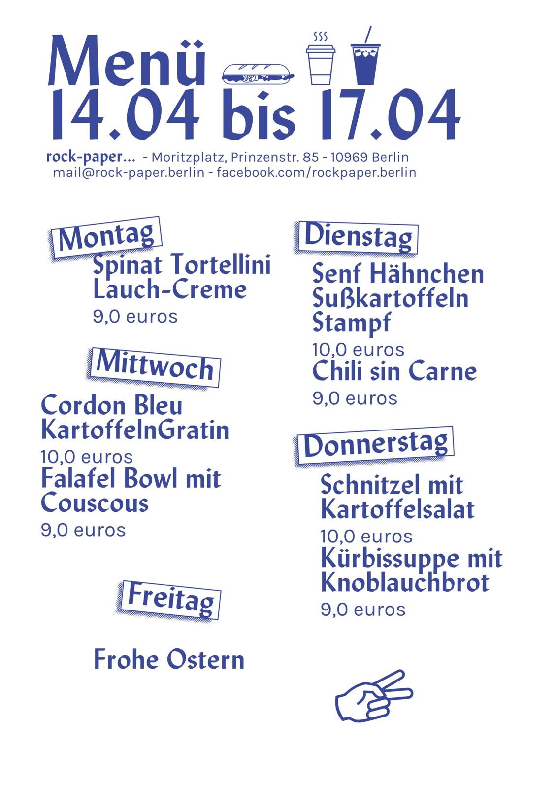 Speisekarte blaue Schrift auf weißem Grund, Gerichte sind den Wochentagen zugeordnet, locker verteilt auf der Seite