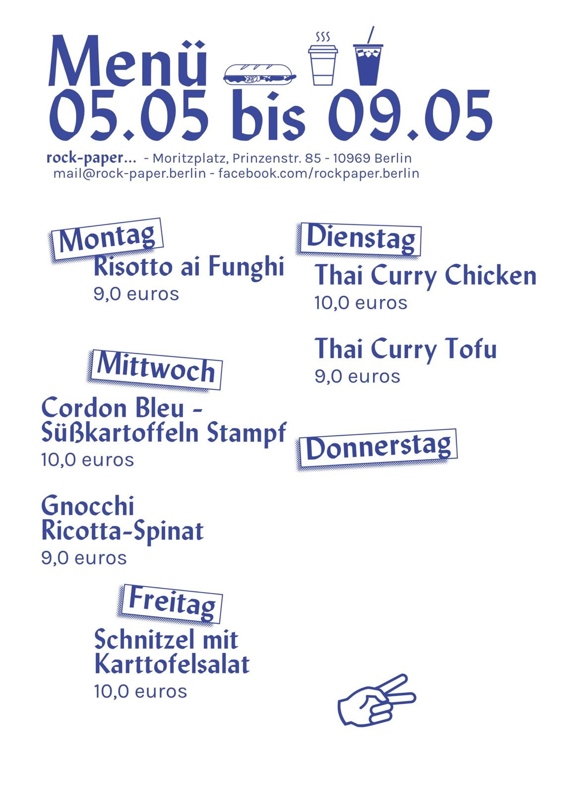 Wochen-Speisekarte, blaue Schrift auf weißem Grund