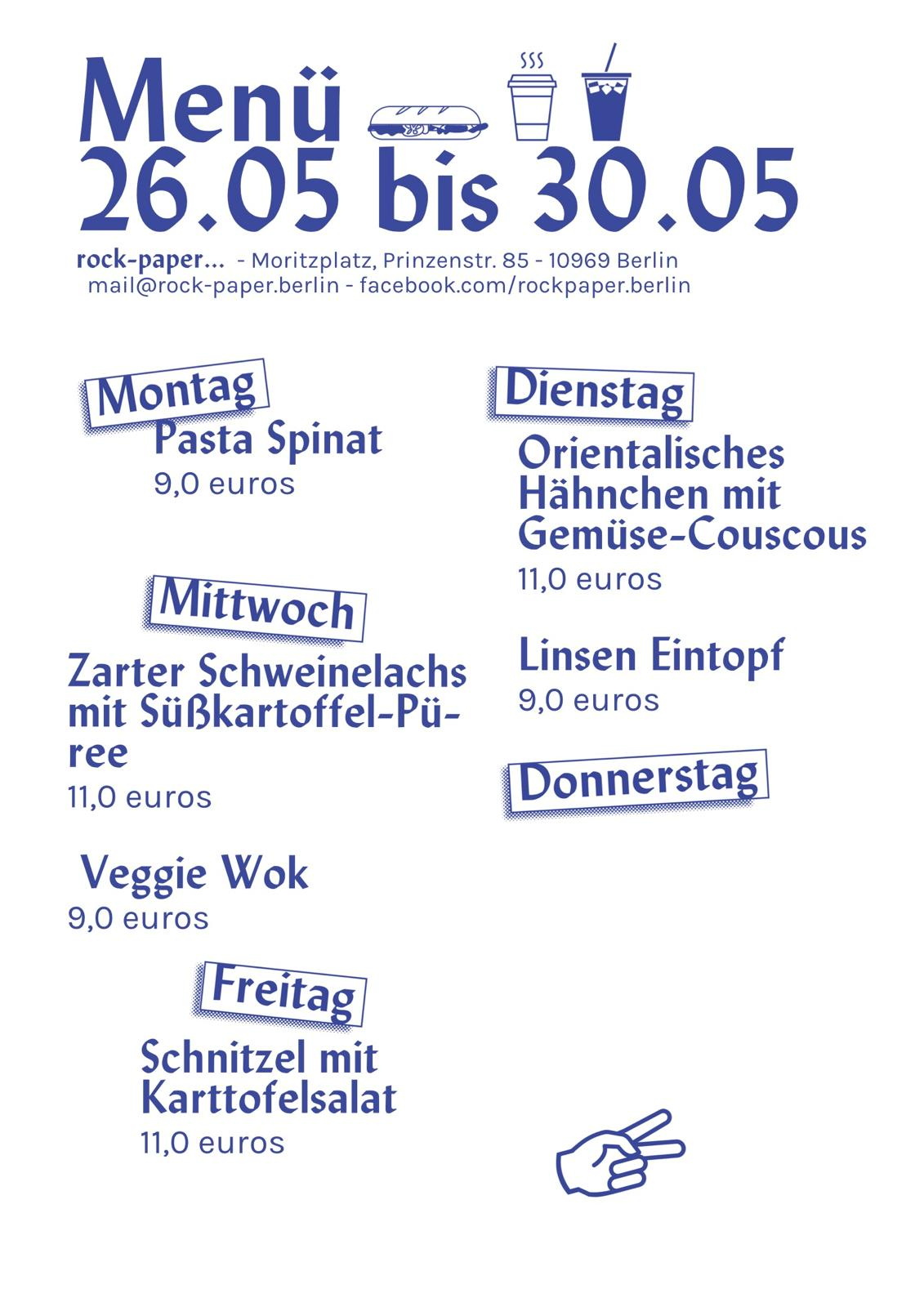 Wochen-Speisekarte blaue Schrift auf weißem Grund