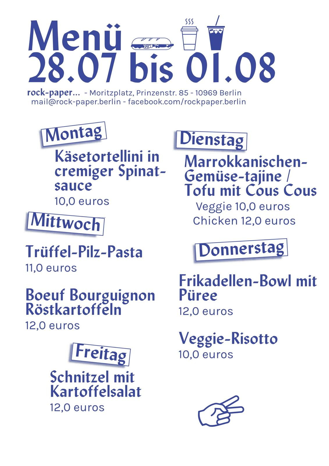 Wochenkarte des Cafés, blauer Text auf weißem Grund