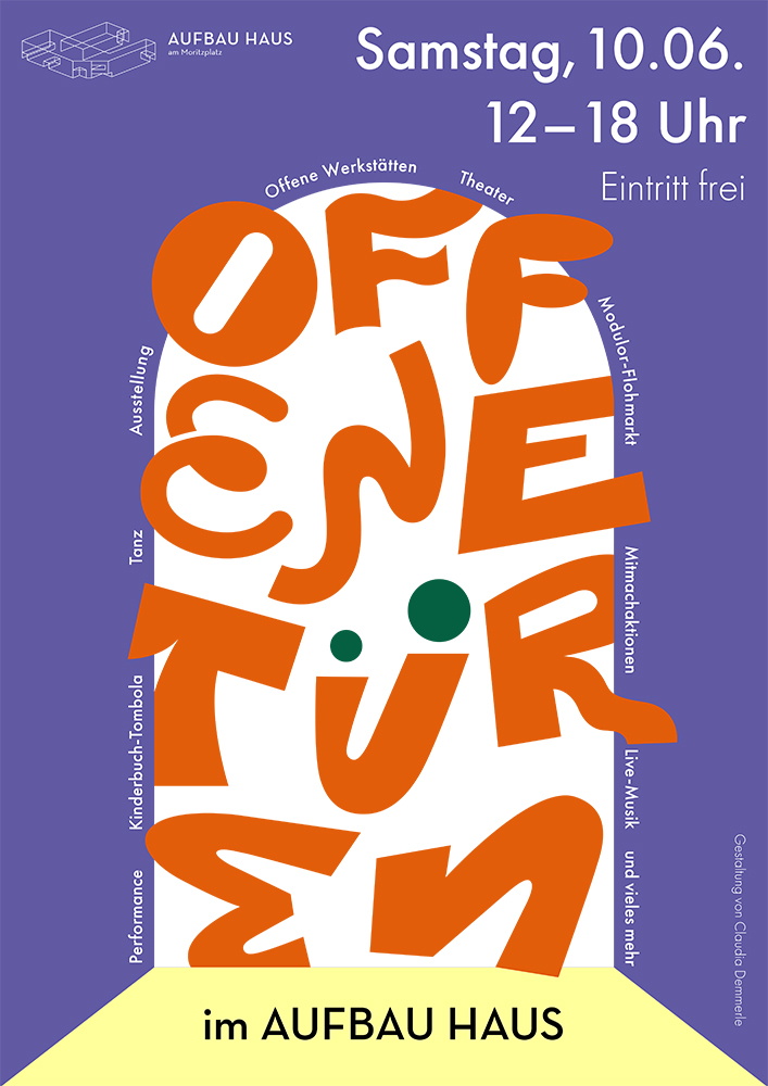 lila Fläche mit ausgeschnittenem Torbogen, darin orangene, verspielte Buchstaben OFFENE TÜREN