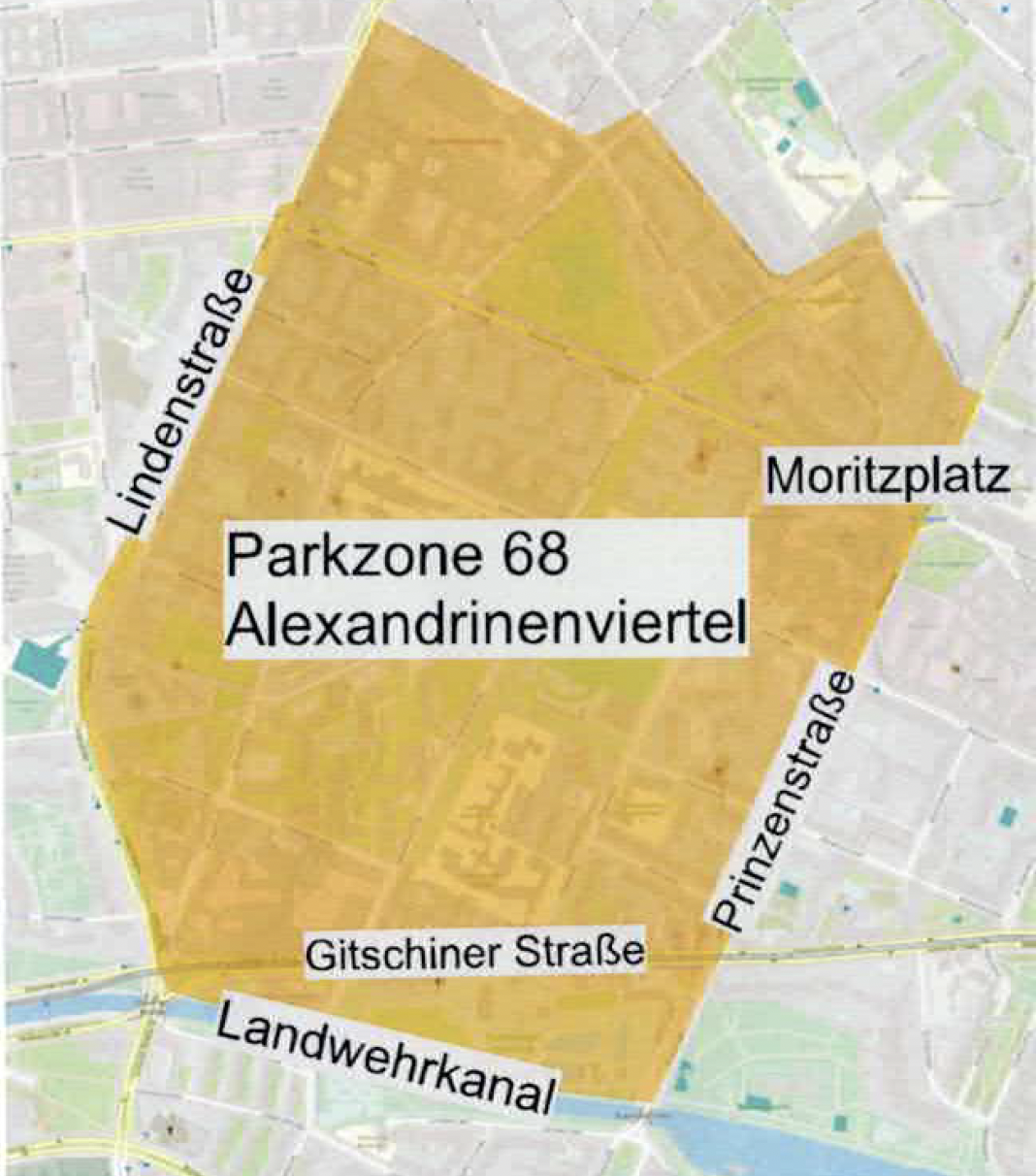 Ausschnitt einer digitalen Berlinkarte, die Parkraum-Zone ist orange markiert