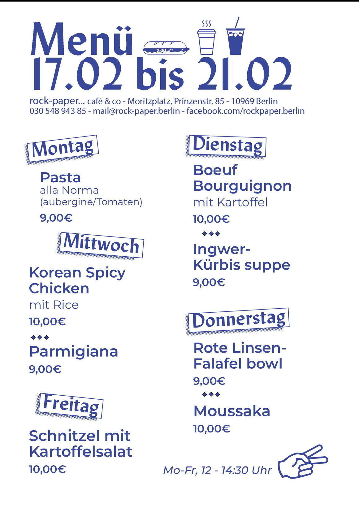 Plakat mit Text, Auflistung der täglichen Mittagsgerichte