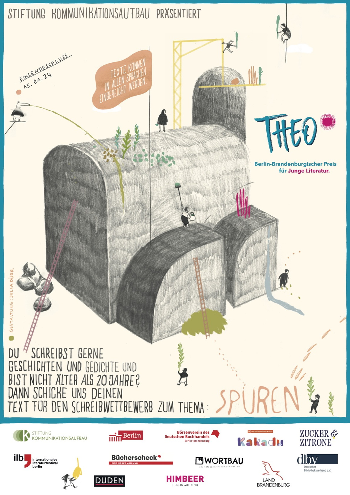 Illustration, ein großes graues Gebäude, darauf kleine Figuren, die mit Farbe und Besen daran arbeiten