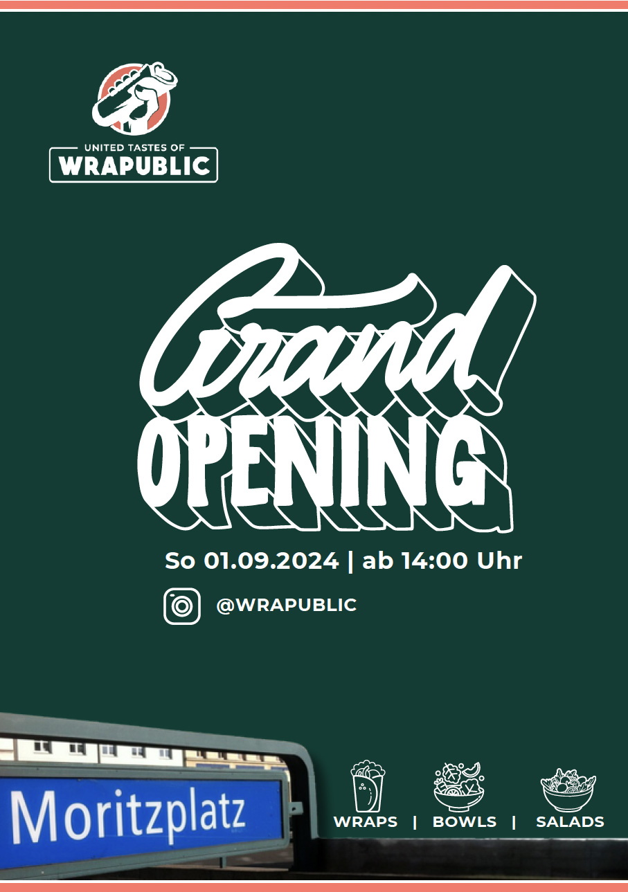 dunkelgrüne Fläche mit weißer Schrift Grand Opening