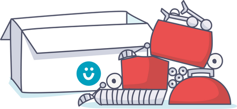 Skizze von einem offenen Karton, der mit einem lachenden Smiley bedruckt ist, daneben Fantasiematerial in roten Kisten oder auch Roboterteile