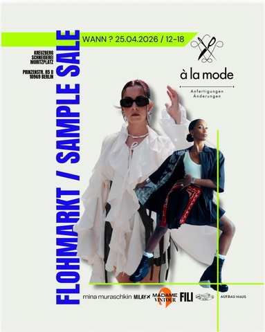 Plakat mit Fotocollage und blauer, senkrecht laufender großer Schrift: Flohmarkt / Sample Sale