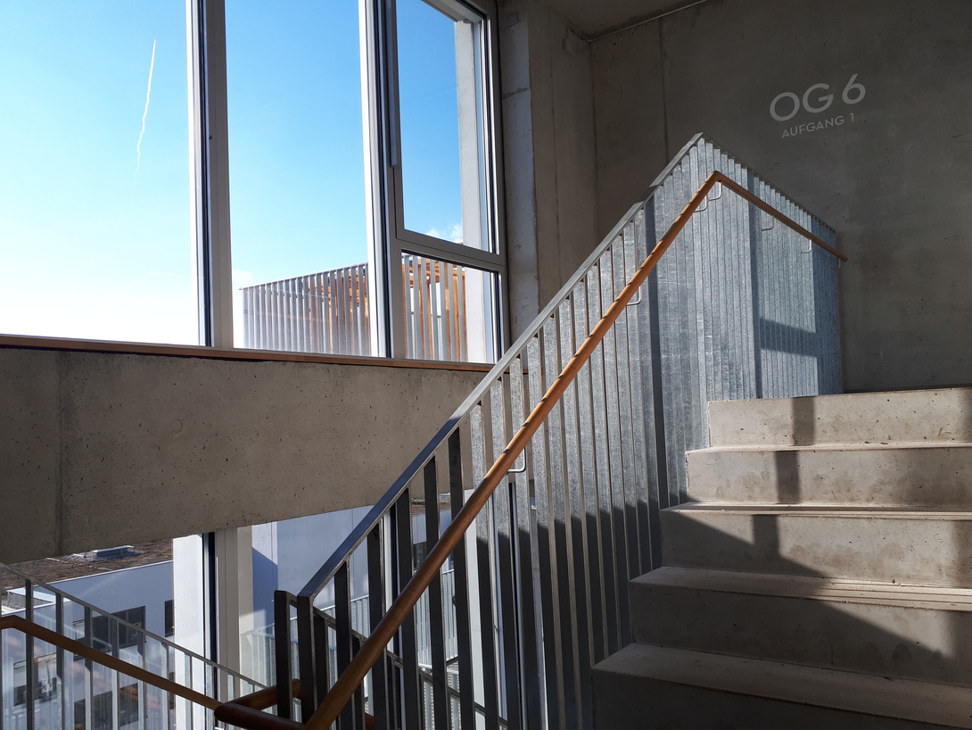 Betontreppenhaus mit Handlauf aus Holz, von links fällt Sonnenlicht durch sehr große Scheiben