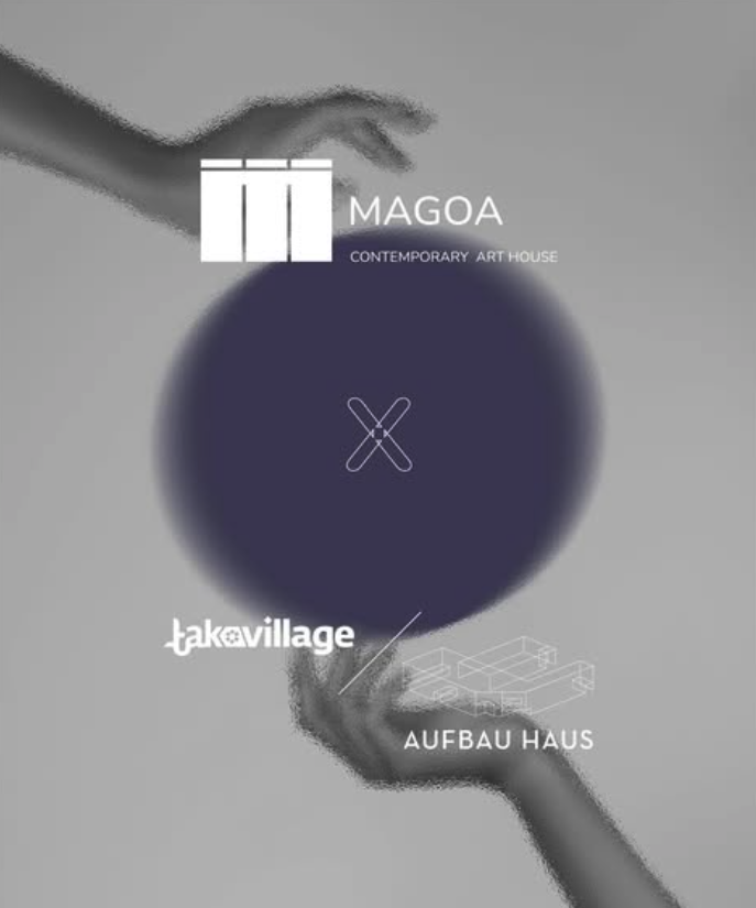 Plakat mit einem dunklem lila Kreis in der Mitte. Oben und unten sind zwei Hände die ihn berühren. Oben steht Mangoa und Aufbaubaus und Takvillage