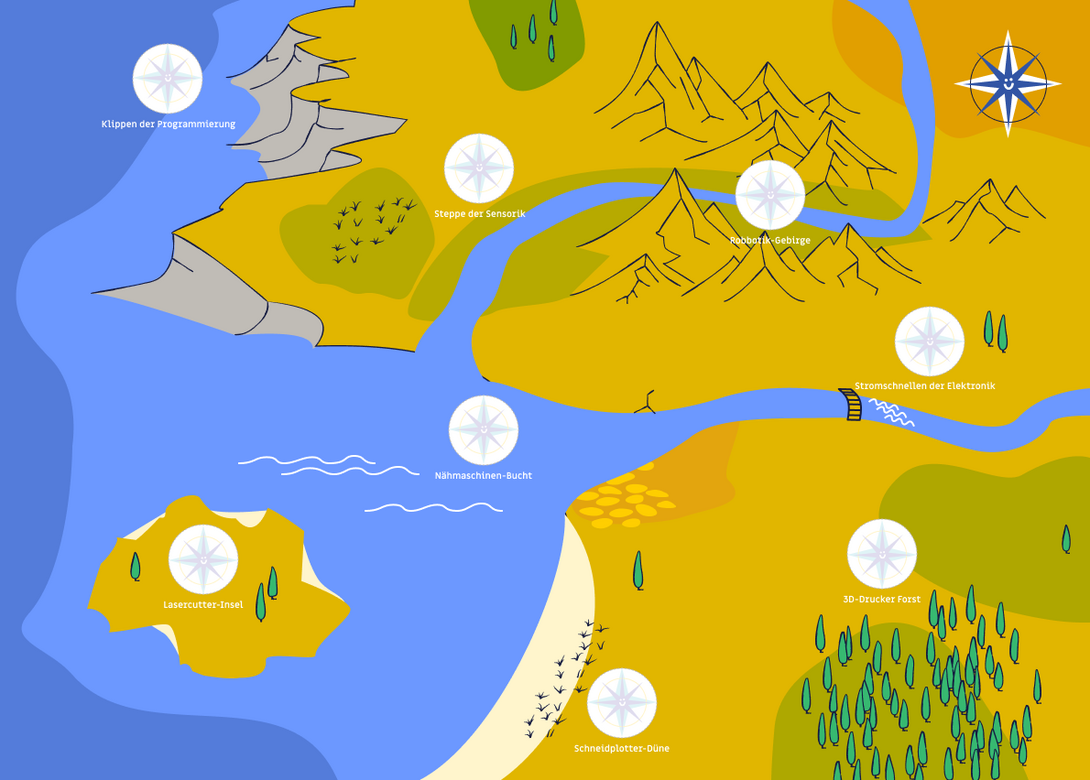 Eine gemalte Fantasiekarte zeigt Orte wie das Robotikgebirge oder die Steppe der Sensorik